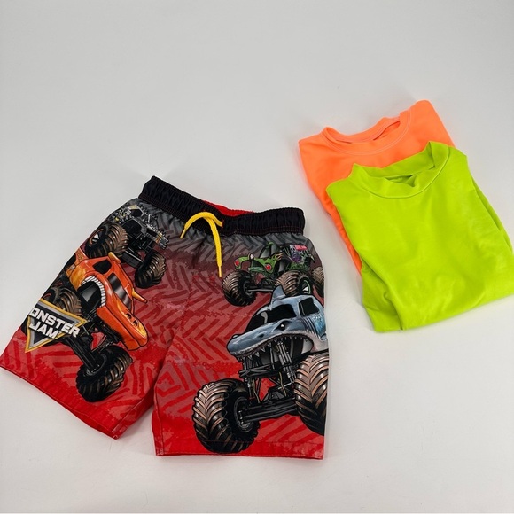 Monster Jam Other - Monster Jam Trucks Swim Trunks Swimsuit Size 6 + 2 Rashguard tops